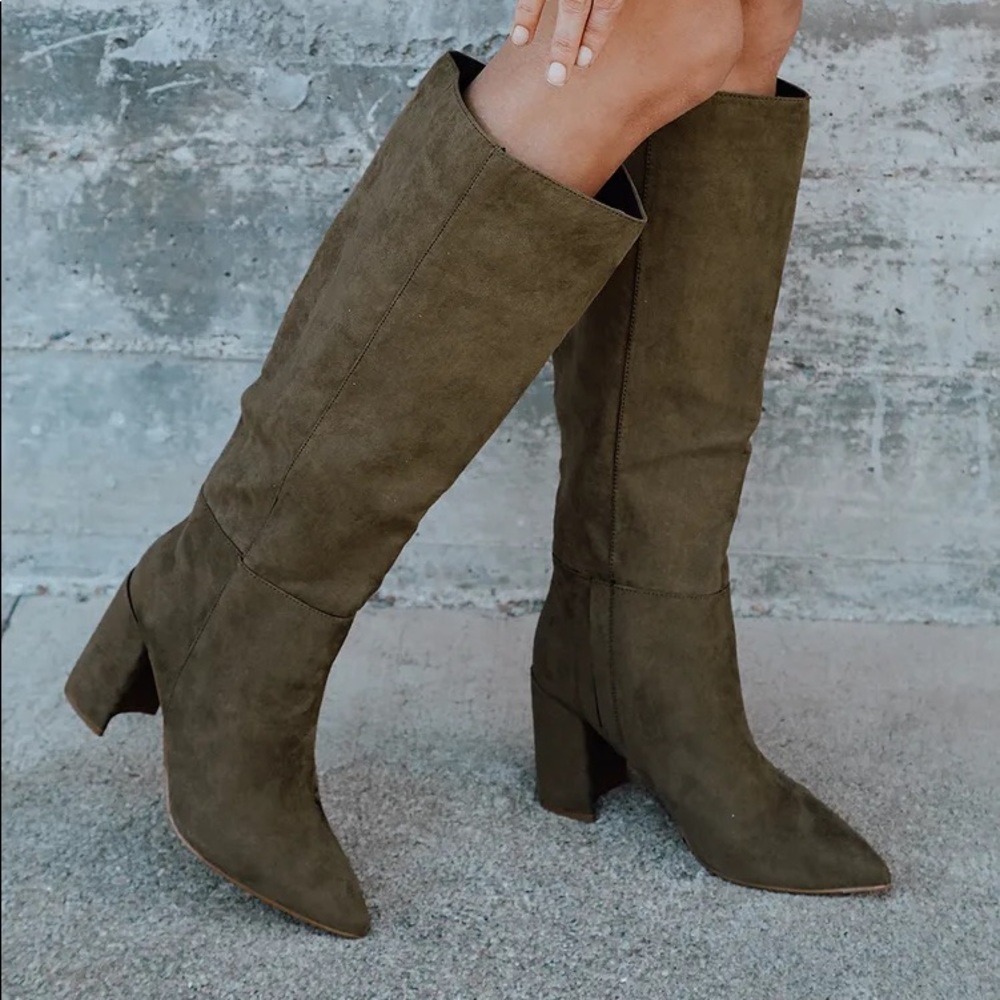 NEVER WORN Katari Olive Green Vegan Suede Pointed-Toe Knee High Boots